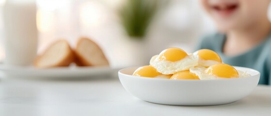 A bowl of eggs with a smiling child in the background