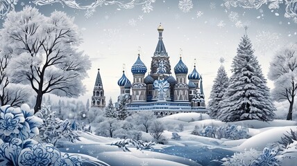 Obraz premium Blue and white Gzhel-inspired Christmas background with ornate floral patterns