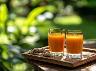 Fototapeta premium Two glasses of fresh orange juice with ginger in garden setting on sunny day
