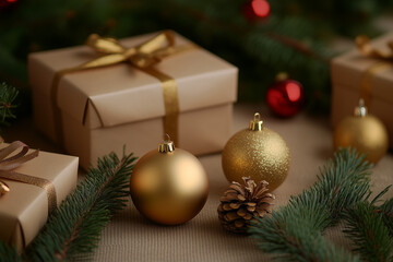 Christmas background with gift boxes, golden ornaments, and fir branches on a khaki backdrop.
