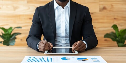 financialsavings advisory concept. A professional person in a suit holds a tablet, analyzing graphs and charts on a document at a wooden table with plants in the background.