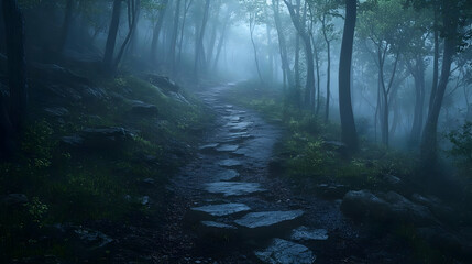 Fototapeta premium Stone Path Through Foggy Forest 3D Illustration