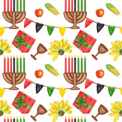 Kwanzaa seamless pattern. African-American holiday. Kinara, seven burning candles, red black green, cup, gift, harvest vegetables. Hand drawn watercolor illustration isolated background. For textile