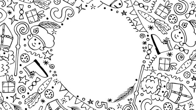 Sinterklaas, symbols of St. Nicholas Day, carrots, horse, stars. Black outline on a white background. Round frame. Empty space in the center. A simple looping animation of rotation.