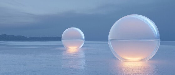 Two large spheres of light reflecting on the water