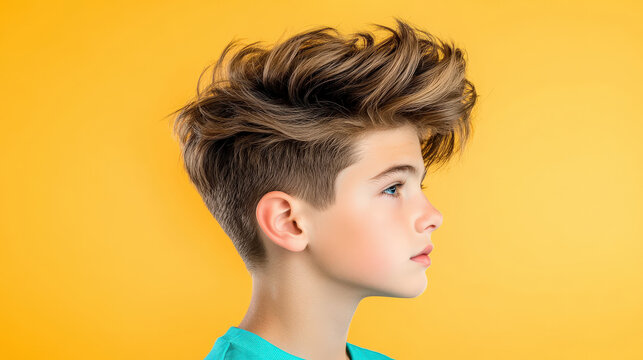 Teenage boy with messy quiff hairstyle styled upward, showcasing vibrant personality against bright yellow background. His confident expression adds to lively atmosphere