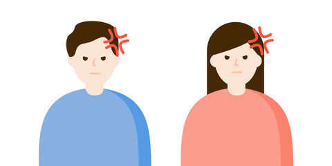 Angry man and woman character portrait. Argument, conflict, negative emotions, stress, facial expression concepts. Flat vector design isolated illustration.