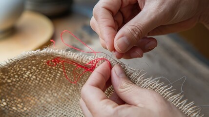 A person is hand sewing with a needle and thread on burlap fabric, showcasing a detailed embroidery technique with red stitching.