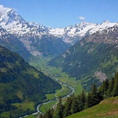 Obraz premium A full shot of a mountain range with eagle in sky at eye level, with snow-capped peaks and a lush valley below