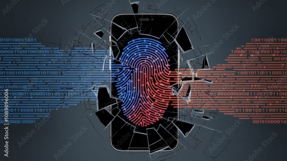 Poster a broken smartphone displays a fingerprint in blue and red, symbolizing security and data breach in 
