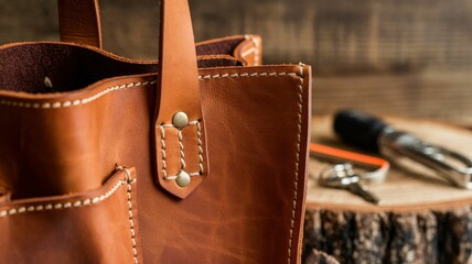 A close-up of a stylish leather tote bag on a wooden surface, showcasing its craftsmanship along with some tools nearby.