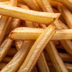 a macro shot from below a pile of crispy, golden French fries, looking up at the stack. Highlight the details of the texture, the golden color, and the glistening oil on the fries
