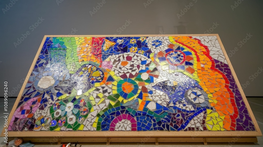 Poster a vibrant mosaic artwork featuring intricate patterns and a colorful array of tiles, showcasing crea