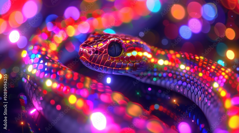 Poster a vibrant, colorful snake with iridescent scales basks in a field of sparkling bokeh lights.