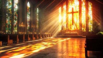 Sunlight streaming through stained glass windows in a serene, empty cathedral interior.

