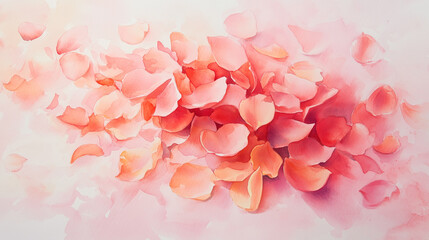 Obraz premium Watercolor composition of scattered rose petals, gently drifting on a light pink background, creating a serene and romantic mood