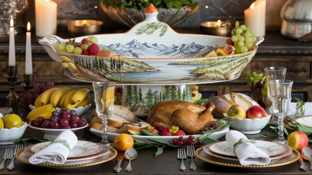 A beautifully arranged dining table featuring a centerpiece of fruits, roasted chicken, and elegant tableware, set for a festive meal.
