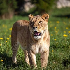Obraz premium A full shot photo of a lioness in mid-roar, deep focus on its open mouth and intense facial expression, low-angle shot capturing the full body and the dynamic energy of its powerful stance