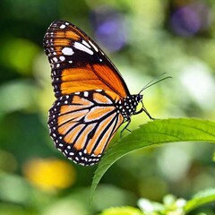 Fototapeta premium A macro photo of a butterfly with iridescent wings catching the light, soft focus creating a gentle blur of colors in the background, low angle shot that highlights the shimmering scales and the delic