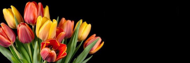 Vibrant tulips in a bouquet with shades of red, yellow, orange and pink against a dark black background, flower arrangement, tulip stems