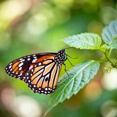 Fototapeta premium A macro photo of a butterfly with its wings partially open, soft focus creating a dreamy, ethereal backdrop, low angle shot making the butterfly appear majestic against the soft, blurred colors of its