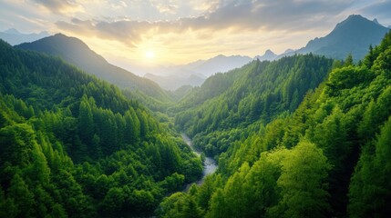 Obraz premium Breathtaking Sunset Over Lush Green Valley Surrounded by Majestic Mountains with Clear River Flowing Through, Capturing Nature's Beauty and Serenity