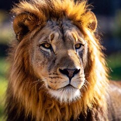 Naklejka premium A close-up photo of a lion with sunlight catching its mane, deep focus on its calm expression and the golden light reflecting in its eyes, eye-level shot portraying a serene and majestic mood
