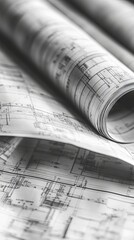 Fototapeta premium Close-up of Rolled Architectural Drawings: Detailed Blueprint