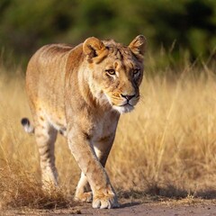 Fototapeta premium A full shot photo of a lioness walking confidently through tall golden grass, deep focus on the movement of its muscles and fur, low-angle shot that makes the lion appear larger and more imposing agai