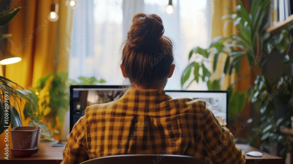 Poster a woman is sitting at a desk with a computer monitor in front of her