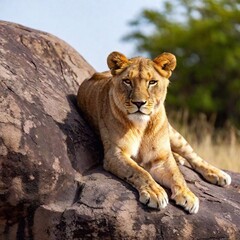 Obraz premium A full shot photo of a lioness resting on a large rock, deep focus on its relaxed posture and the texture of its mane, low-angle shot capturing the full body against a backdrop of the expansive savann