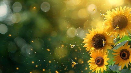 Obraz premium A vibrant scene of sunflowers with bees, illuminated by soft sunlight, creating a cheerful and lively atmosphere.