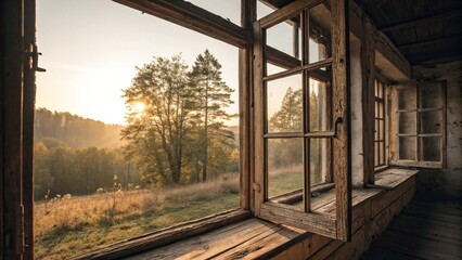 Fototapeta premium Warm sunlight filtering through old wooden windows, aged, wooden blinds, window