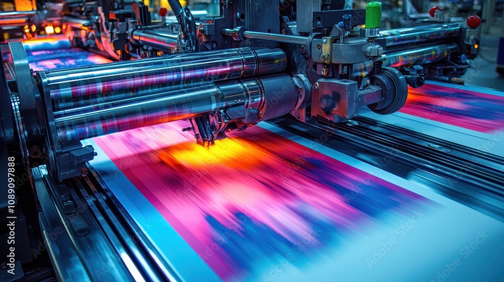 Poster a vibrant printing press in action, showcasing colorful inks being applied to sheets, highlighting t