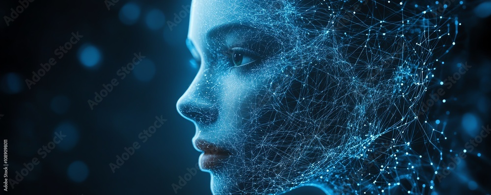 Poster artificial intelligence surrounded by a network of digital technology webs, representing the virtual