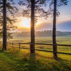 Obraz premium A high-resolution ultrarealistic image captures a serene countryside at sunrise. The digital photo depicts a sun rising behind a line of tall pine trees, casting golden sunlight across a dew-covered g