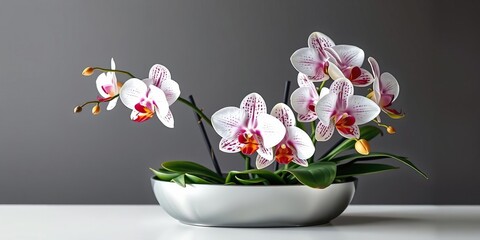 Exotic orchids in a sleek metal planter, sleek design, exotic plants © suchetpong