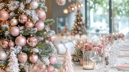 Modern pink themed christmas party event table. Generative ai design art.