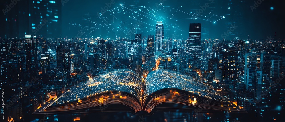 Poster city skyline at night popping from open book, symbolizing iot automation, wireless data networks, an