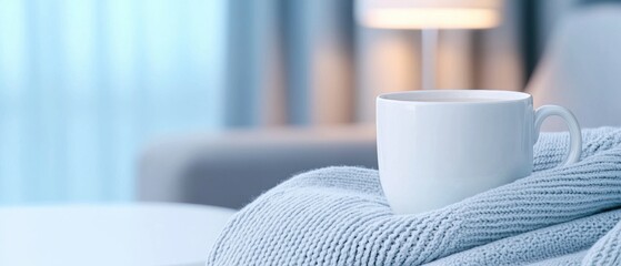 A white coffee cup is sitting on a blue blanket