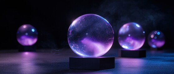 A group of four purple glass orbs are lit up in a dark room