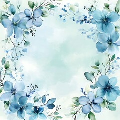 Watercolor Illustration of Blue Flowers with Green Leaves on a Light Blue Background