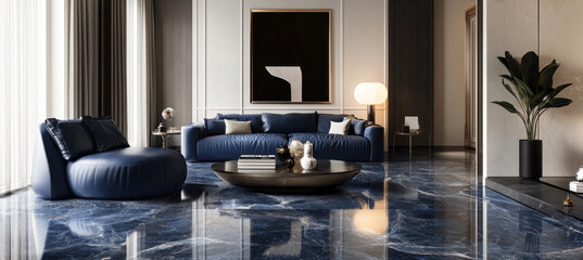 Luxurious living room with navy blue marble flooring, elegant furniture, and modern decor, creating sophisticated and serene atmosphere
