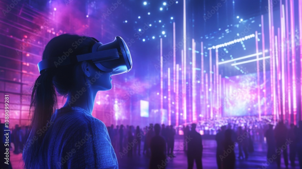 Poster participants gather at a dynamic nighttime event, experiencing virtual reality through headsets amid