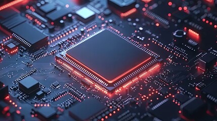 Fototapeta premium Close-Up of a Glowing Circuit Board with a Microchip