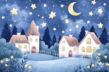 Fototapeta premium Watercolor illustration lullaby theme, A serene night scene featuring cozy houses under a starry sky with a crescent moon, surrounded by trees and glowing flowers.