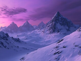 A serene winter mountain view with snow-laden ridges under a dramatic purple sky ,