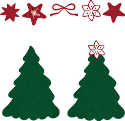 Watercolor vector Christmas tree bundle, collection.  Set of red bow, red stars and Christmas trees.  Christmas tree without decoration, fabric, textil surface. Template for greeting cards, invitation