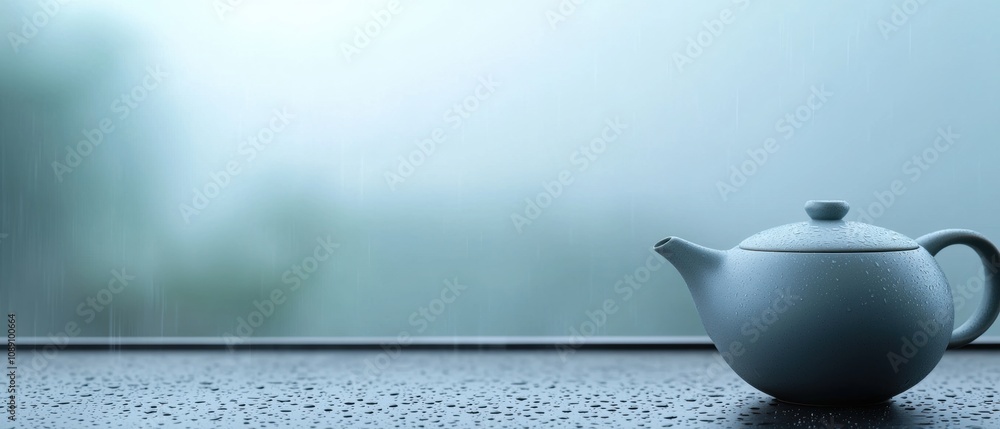 Poster a teapot sits on a countertop with raindrops on the window behind it