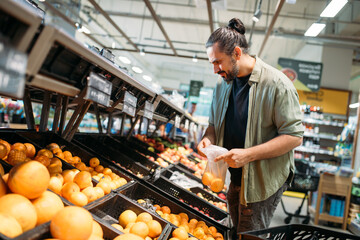 A young man is shopping at the supermarket. The guy picks vegetables and fruits from the counter in...